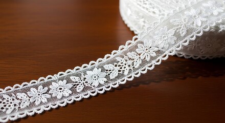 Intricate white lace trim adorns a warm wooden surface, showcasing delicate floral patterns and scalloped edges for