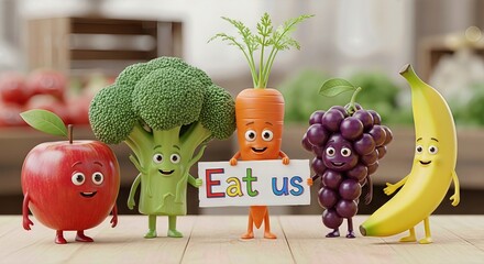 Wholesome fruit and vegetable characters cheerfully hold an "Eat us" message, promoting proper nutrition and a vibrant healthy lifestyle for good health.