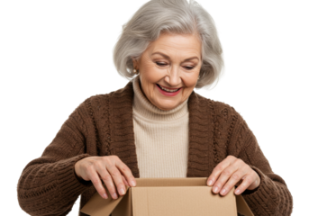 Happy senior woman opening a cardboard box isolated, receiving a gift or online order with excitement and anticipation