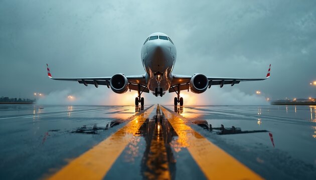 Airplane lands on wet airport runway. White plane with red tail markings, powerful engines approaches touchdown on yellow marked tarmac. Air travel transportation takes off lands on rainy day with