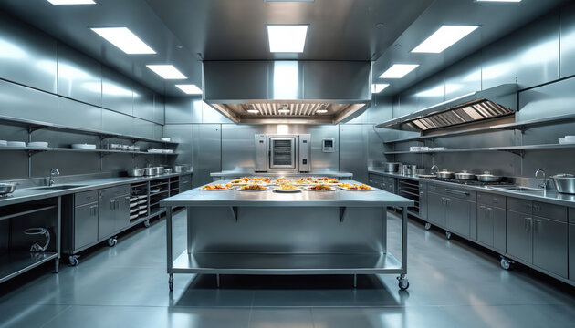 Modern commercial kitchen gleams spotless, featuring stainless steel prep tables with plated meals, sinks, ovens. Shiny surfaces, clean floors, organized shelves suggest high standards, efficient