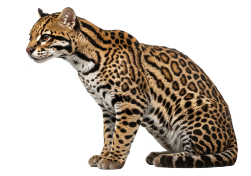 Ocelot sitting isolated on transparent background, a wild cat with spotted coat pattern and expressive eyes, exotic feline