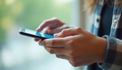 Woman using smartphone. Female hands hold cellphone. Person checks social media on mobile phone. Lady types message. Girl looks at screen. Student uses online tech, modern communication tool.
