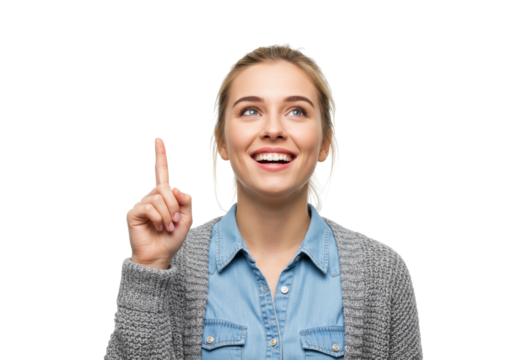 Smiling blonde woman pointing up isolated on white, concept of idea or solution in PNG format for graphic design and advertising