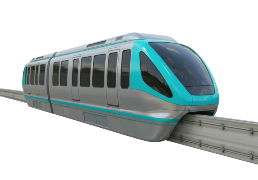 Modern monorail train isolated on transparent background, futuristic public transportation vehicle for urban transit and city travel