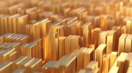 Obraz premium Golden Abstract Cityscape with Tall Structures and Blocks Emulating Urban Landscape, Glimmering in Warm Light and Shimmering Textures