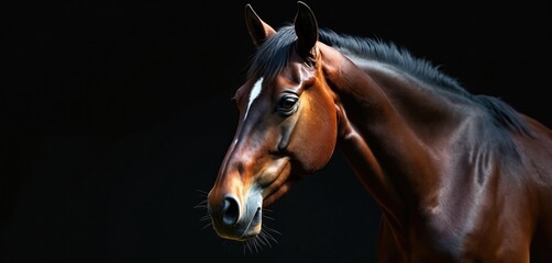 Beautiful brown horse head features clear white blaze down face. Noble animal sleek dark mane, attentive expressive eye. Strong equine mammal poses for detailed portrait against solid black