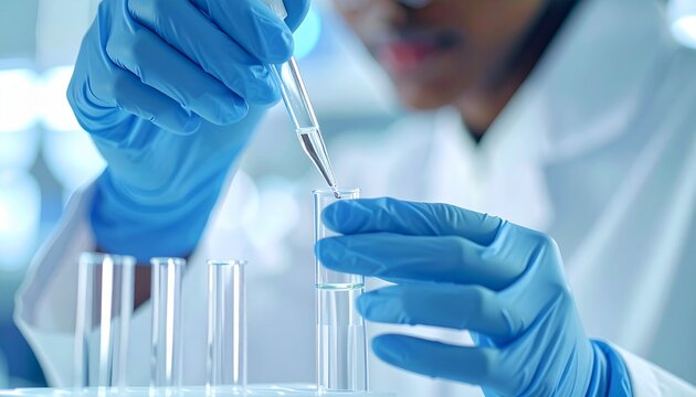 Gros plan macro sur les mains gant&eacute;es d'un scientifique utilisant une pipette pour verser un liquide dans une &eacute;prouvette de laboratoire