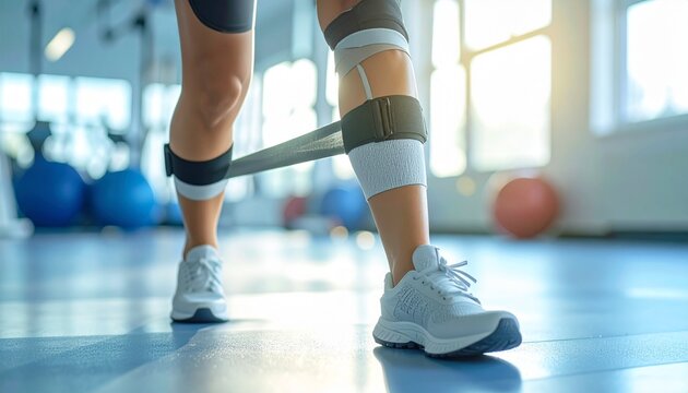 Gros plan sur une jambe portant une genouill&egrave;re faisant de la r&eacute;&eacute;ducation avec une bande de r&eacute;sistance dans un centre de physioth&eacute;rapie