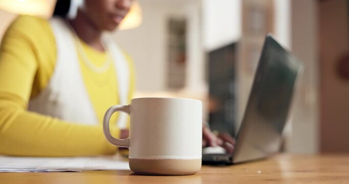 Remote work from home, coffee and black woman with laptop, copywriting and email. African person, freelancer and writer with PC, herbal tea and espresso with caffeine for energy, mug and deadline