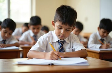 Indian schoolboy writes lesson at wooden desk in classroom. Young student focuses on notebook with pencil. Kids study quietly in background. Elementary school children learn during school class