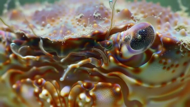 Close up of a crab showing intricate textures and vibrant colors