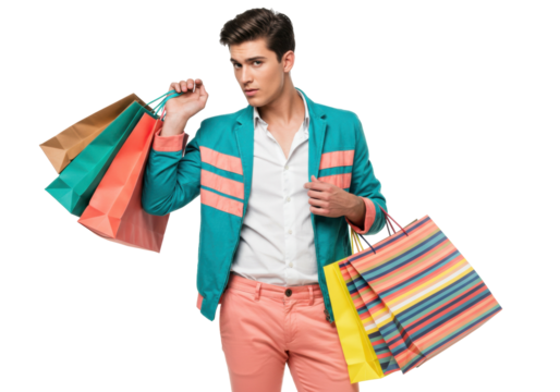 Stylish man with shopping bags isolated on transparent background, fashionable male shopper with colorful bags for retail and consumerism