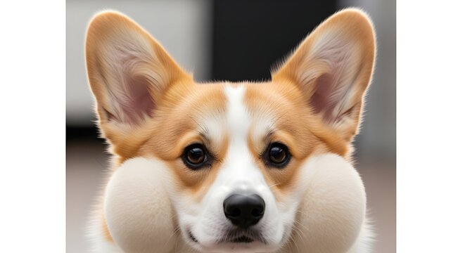 Adorable Corgi's cheeks puffed out, looking directly at the camera with curious, big eyes, creating an instant emotional connection and heartwarming appeal.