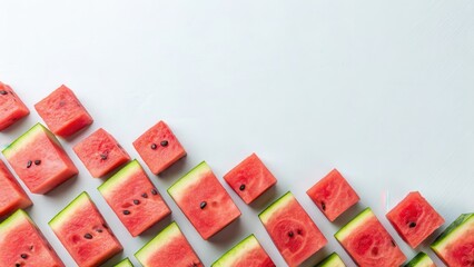 Watermelon cubes arranged diagonally against a white background