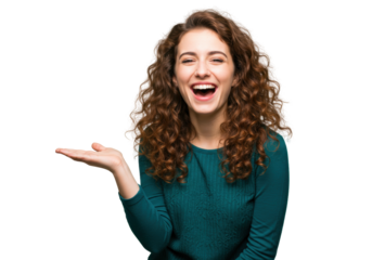 Laughing woman with curly hair in green shirt isolated on transparent background, cheerful female portrait for advertising and design use