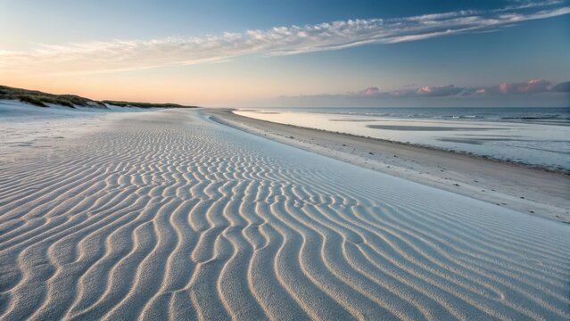 Waves of white sand pattern on the coast with a blue sky