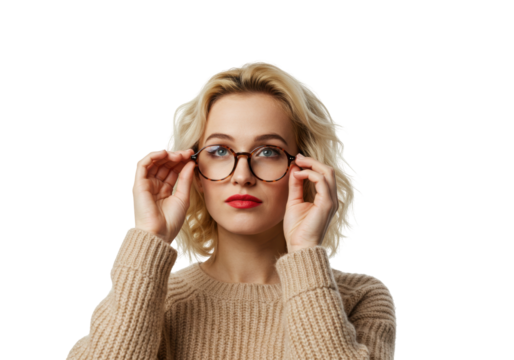 Blonde woman with red lipstick wearing tortoise shell glasses isolated, portrait of a beautiful girl in a beige sweater - Powered by Adobe