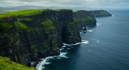 Dramatic coastal cliffs meet the ocean under a cloudy sky landscape scenery