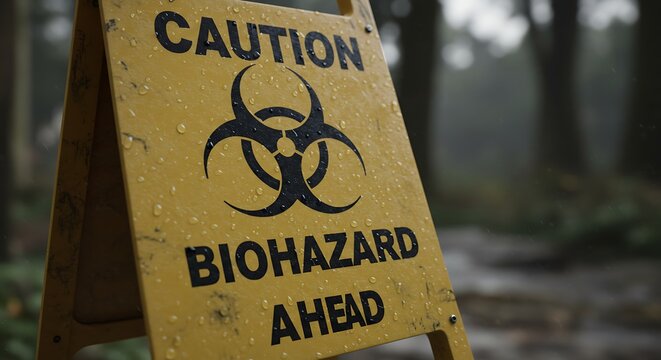 Yellow biohazard warning sign outdoors caution ahead concept