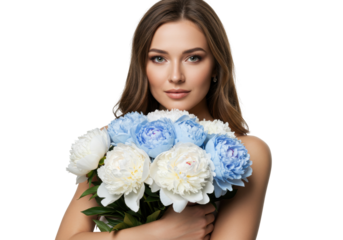 Beautiful woman holding a bouquet of blue and white peonies isolated, portrait of a young girl with flowers on a transparent background PNG