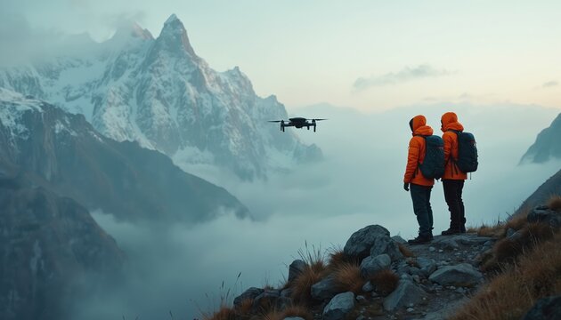 Two people in orange jackets, backpacks stand on rocky mountainside. Observe black drone flying in misty valley below. Snow-capped peaks rise in background. Men wear hiking gear. Morning fog