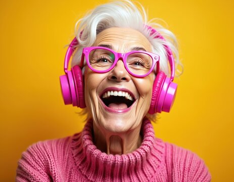 Elderly woman with white hair wearing pink glasses and headphones against bright yellow background. Senior female enjoys music with open mouth and closed eyes. Happy old lady in pink sweater. - Powered by Adobe