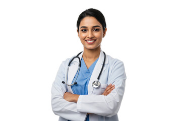 Smiling Indian female doctor in lab coat with stethoscope isolated on transparent PNG, healthcare professional for medical and wellness concepts