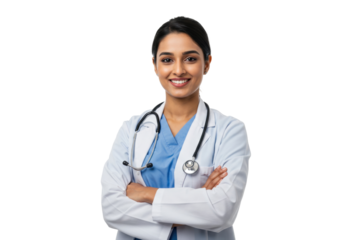 Smiling Indian female doctor in lab coat with stethoscope isolated on transparent PNG, healthcare professional for medical and wellness concepts