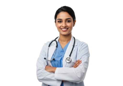 Smiling Indian female doctor in lab coat with stethoscope isolated on transparent PNG, healthcare professional for medical and wellness concepts