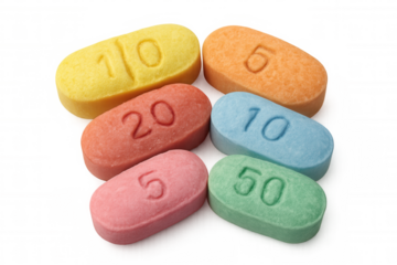 Colorful candy dextrose pills with numbers, representing sugar, sweets, dosage, nutrition, or playful medicine concepts