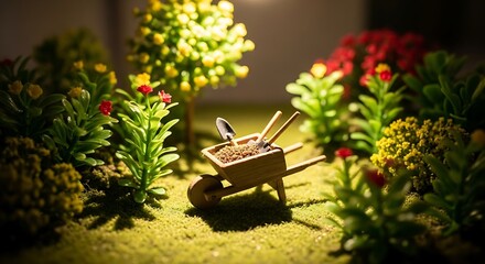 Obraz premium Miniature Gardening Display Featuring a Tiny Wheelbarrow With Tools
