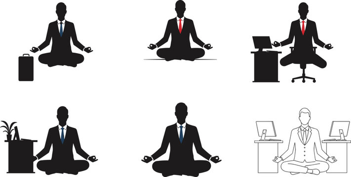 Silhouettes of businessmen meditating in office, mindfulness, yoga, stress relief, balance, productivity, wellness, corporate success, professional - Powered by Adobe