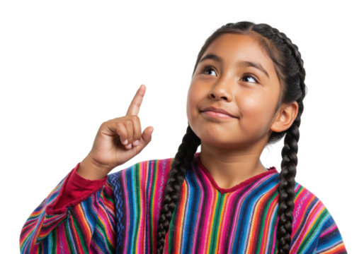Young girl in colorful striped poncho isolated on transparent PNG, child pointing up with braids and traditional clothing for cultural representation