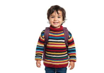 Smiling toddler with backpack isolated on white, adorable child in colorful sweater ready for school, studio shot