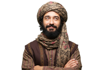 Smiling man with turban and beard isolated on transparent PNG, middle eastern character for design and cultural representation
