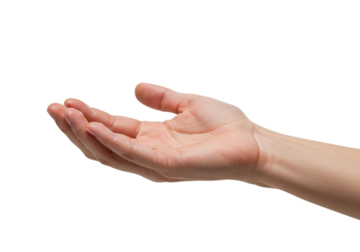 Open human hand isolated on transparent background, offering gesture in a reaching position for giving or receiving something