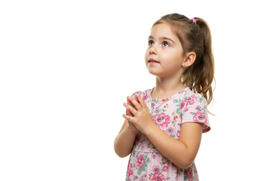 Adorable little girl in floral dress isolated on white, child looking up with hands clasped in prayer for religious or hopeful concept