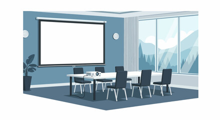 Professional Business Meeting Room with Blank Projector Screen and Serene Mountain Landscape View - Ideal for Presentations and Corporate Collaborations