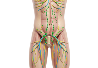 Human lymphatic system isolated, anatomical representation of the lymphatic vessels and lymph nodes in the abdomen and groin area on transparent background