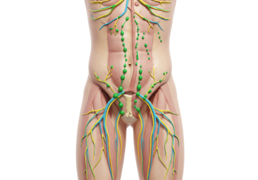 Human lymphatic system isolated, anatomical representation of the lymphatic vessels and lymph nodes in the abdomen and groin area on transparent background