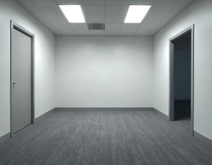 Obraz premium Unused office room features grey carpet two doors plus fluorescent lighting. Minimalist interior design shows blank walls clean floor. Space feels sterile modern suitable for various business