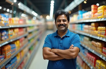 Smiling confident mature Indian man with mustache, arms crossed, stands in grocery supermarket aisle. Proud small business owner retail manager. Shelves stock food products, ready for client
