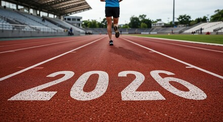 A person runs forward on a red athletic track marked with the prominent white number 2026, set against the backdrop of stadium seating under an overcast sky.