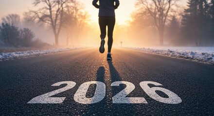 A lone person jogs on a dark asphalt road marked with the year 2026, heading into a warm, foggy sunrise over a winter landscape.