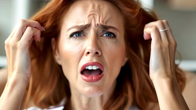 Intense Frustration: A woman's face etched with worry as she is in state of agitation, eyes wide with distress.