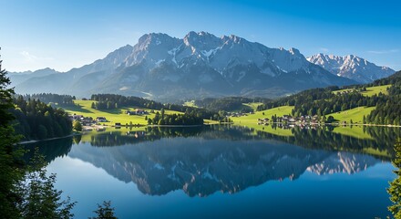Mountain range reflecting in a lake with green hills and clear blue sky