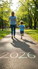 Obraz premium A parent and young child walk hand-in-hand down a sunlit park path, casting long shadows, with the year 2026 written in colorful chalk on the asphalt.