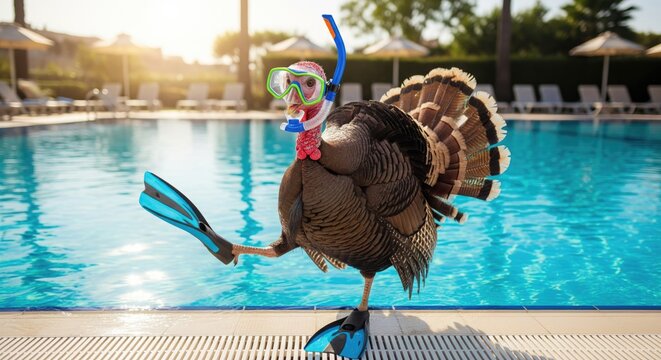 A snorkeling turkey enjoying the sun by the swimming pool.