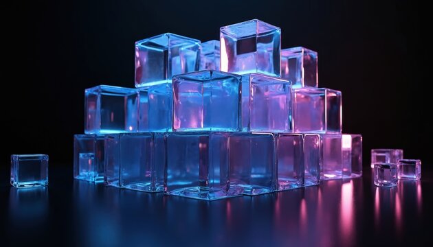Transparent glass cubes stacked on top of. Cubic structures reflect neon blue, purple light. Glass blocks arranged in pyramid shape on dark reflective surface. Neon illumination creates futuristic